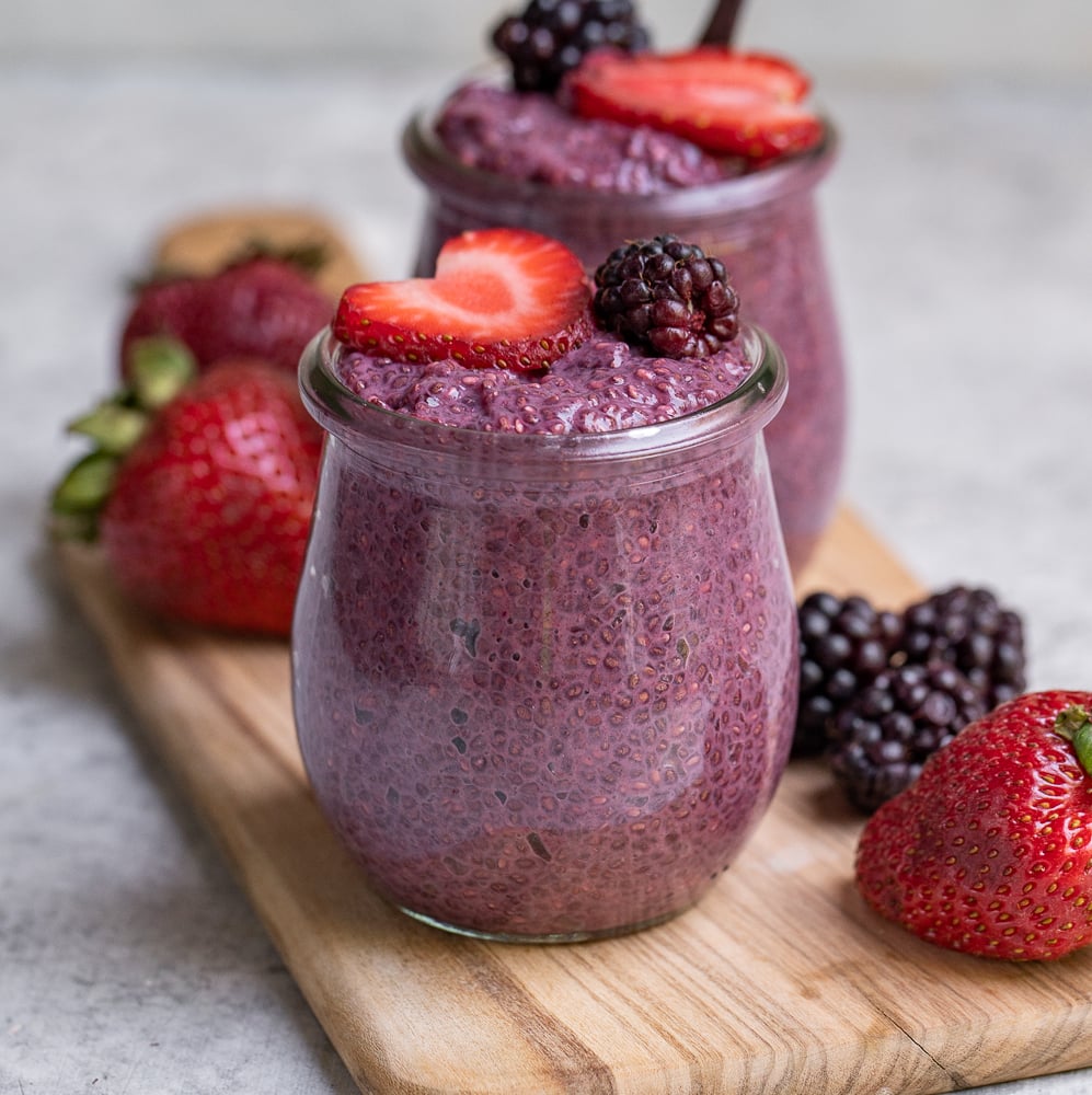 This citrus and berry chia pudding makes for the perfect breakfast on the go. All you have to do is blend, mix, and set it into the refrigerator overnight. You will have a meal ready for you in the morning with minimal effort! #chiapudding #citrus #chia #pudding #breakfast #onthego #mealprep #kids #work #school #easy #vegan