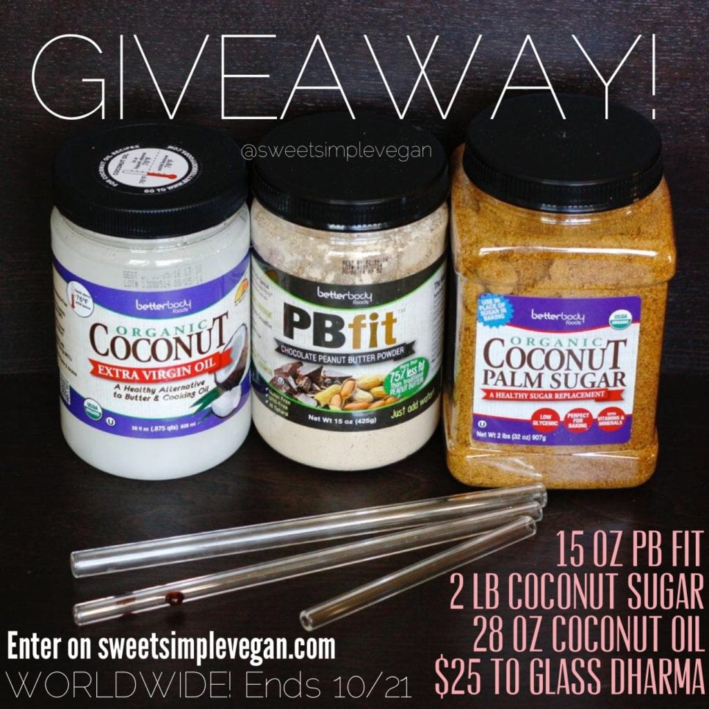 ANNIVERSARY GIVEAWAY SERIES // Better Body Foods 2 lb organic coconut sugar, 28 oz organic coconut oil, 15 oz PB Fit peanut butter powder and $25 to spend at GlassDharma.com