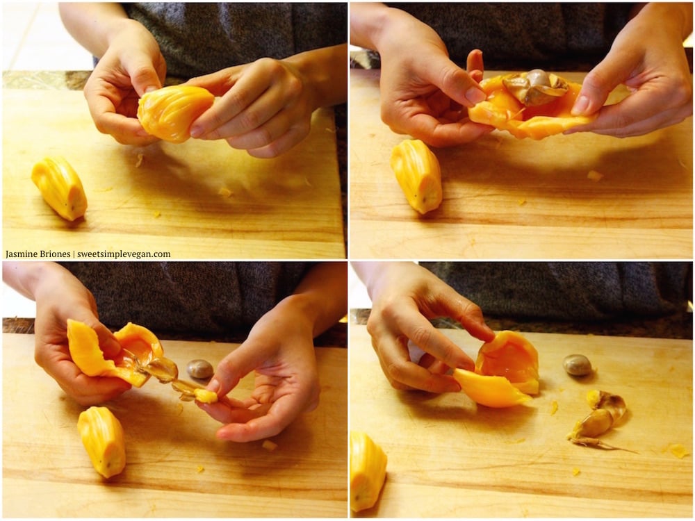 Step-by-step of removing the seeds from jackfruit pods 