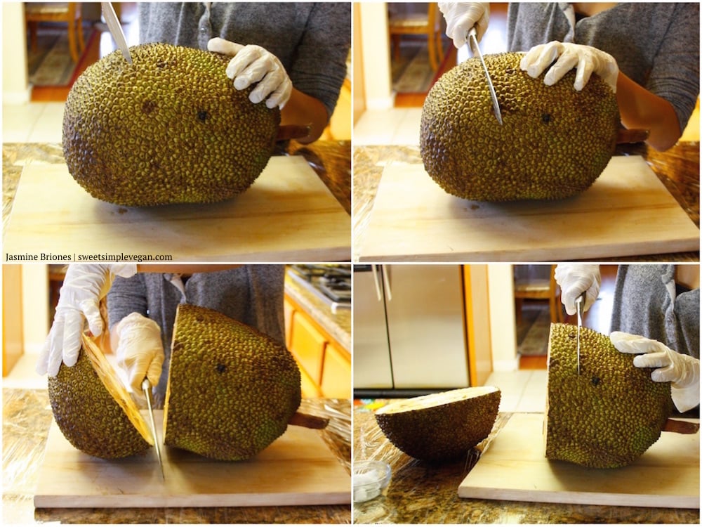 Step-by-step image of cutting jackfruit 