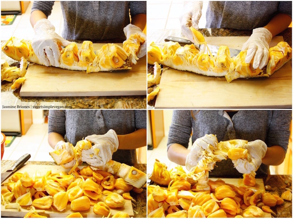 Step-by-step image of removing jackfruit pods. 