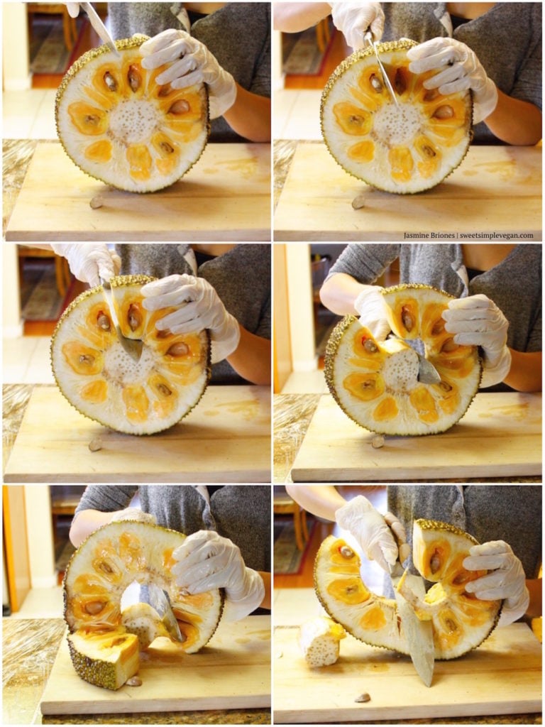 stepy-by-step image of slicing into jackfruit rounds. 