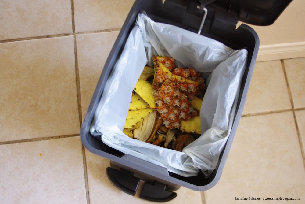 Open compost bin with fruit scraps inside. 