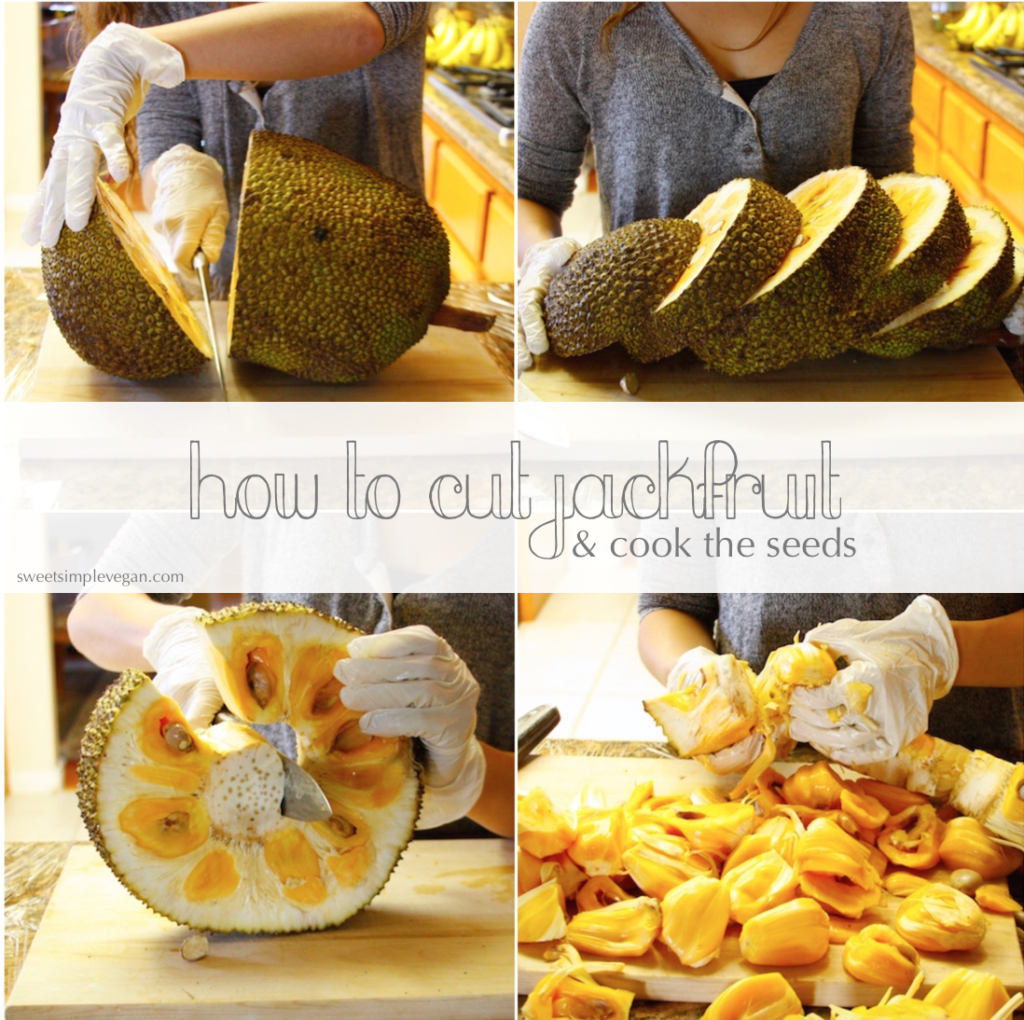 Infographic showing the steps to cutting and de-seeding a jackfruit. 