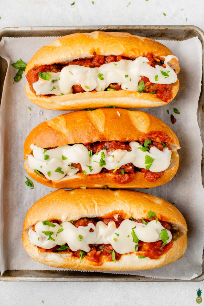 vegan meatball sandwiches with melted cheese by sweet simple vegan