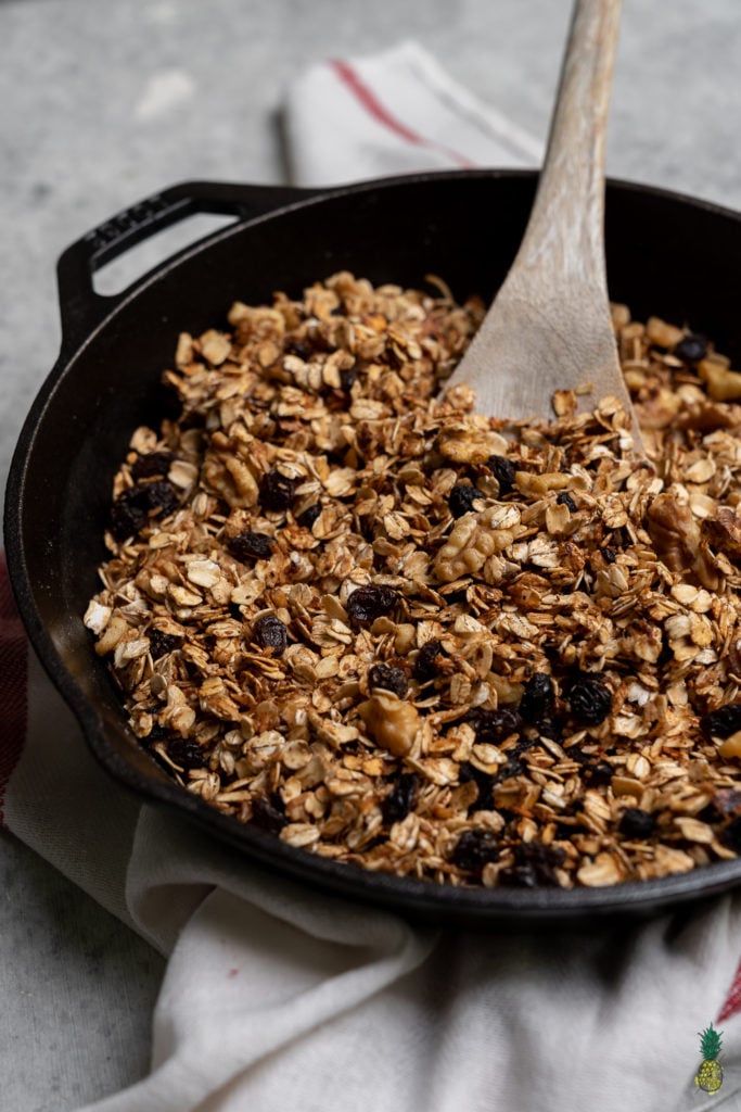 A simple yet incredibly delicious 6-Ingredient granola that can be made on the stovetop. PLUS it is oil- & gluten-free! sweetsimplevegan.com #stovetop #granola #6ingredient #easy #simple #musttry #breakfast #ideas #veganized #quick
