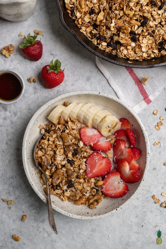 A simple yet incredibly delicious 6-Ingredient granola that can be made on the stovetop. PLUS it is oil- & gluten-free! sweetsimplevegan.com #stovetop #granola #6ingredient #easy #simple #musttry #breakfast #ideas #veganized #quick