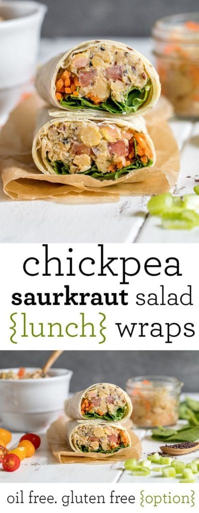 An easy + healthy on the go vegan lunch idea! Chickpea Sauerkraut Salad Lunch Wraps {gluten and oil-free} sweetsimplevegan.com #glutenfree #oilfree #vegan
