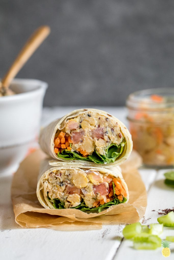 An easy + healthy on the go vegan lunch idea! Chickpea Sauerkraut Salad Lunch Wraps {gluten and oil-free} sweetsimplevegan.com #glutenfree #oilfree #vegan