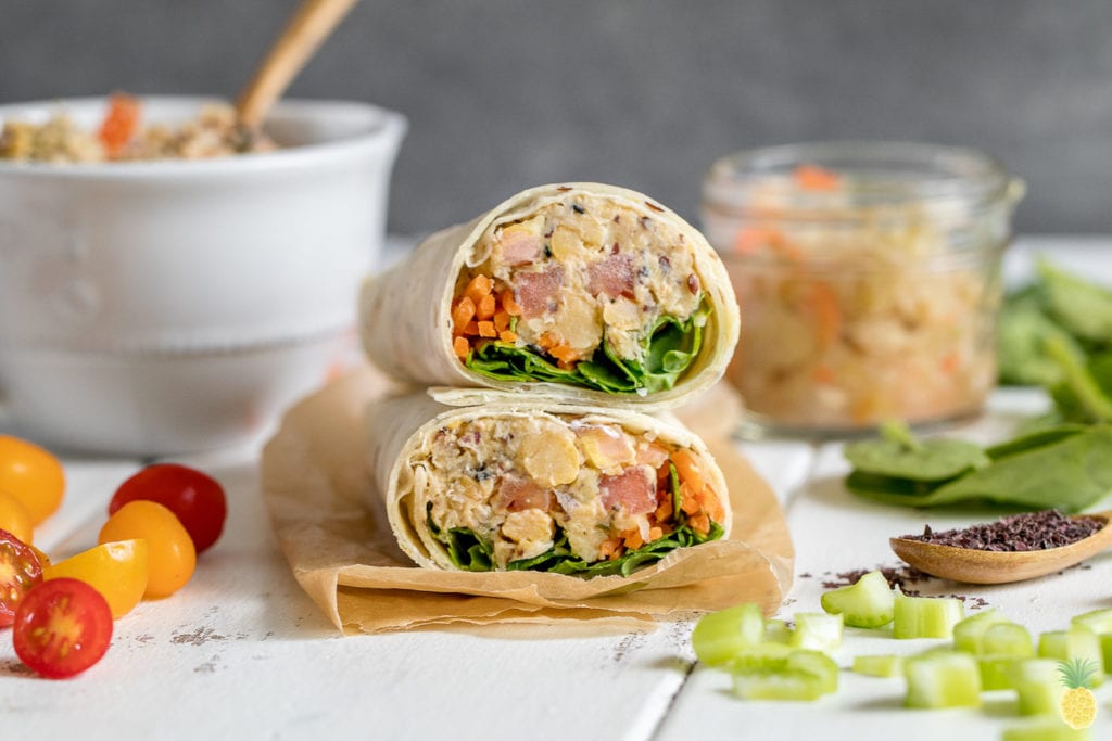 An easy + healthy on the go vegna lunch idea! Chickpea Sauerkraut Salad Lunch Wraps {gluten and oil-free} sweetsimplevegan.com #glutenfree #oilfree #vegan