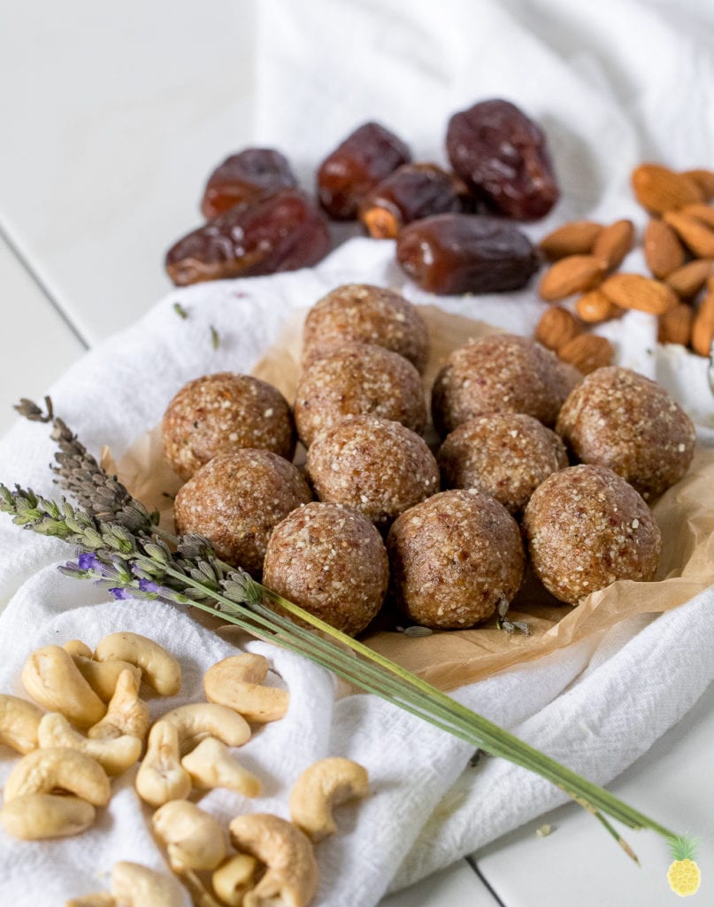 lavender bliss balls on a tray with cloth napkin. 