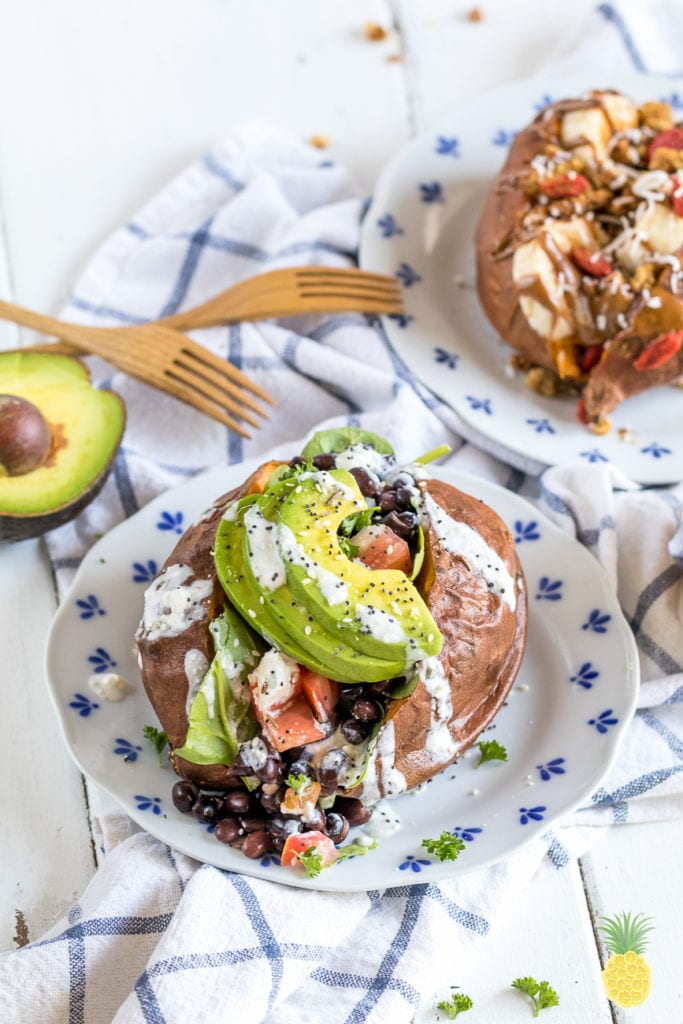 Easy & filling Vegan Breakfast Boats! Sweet & Savory Breakfast Sweet Potato Boats -- 2 Ways! sweetsimplevegan.com #vegabreakfast #oilfree #sweetpotato