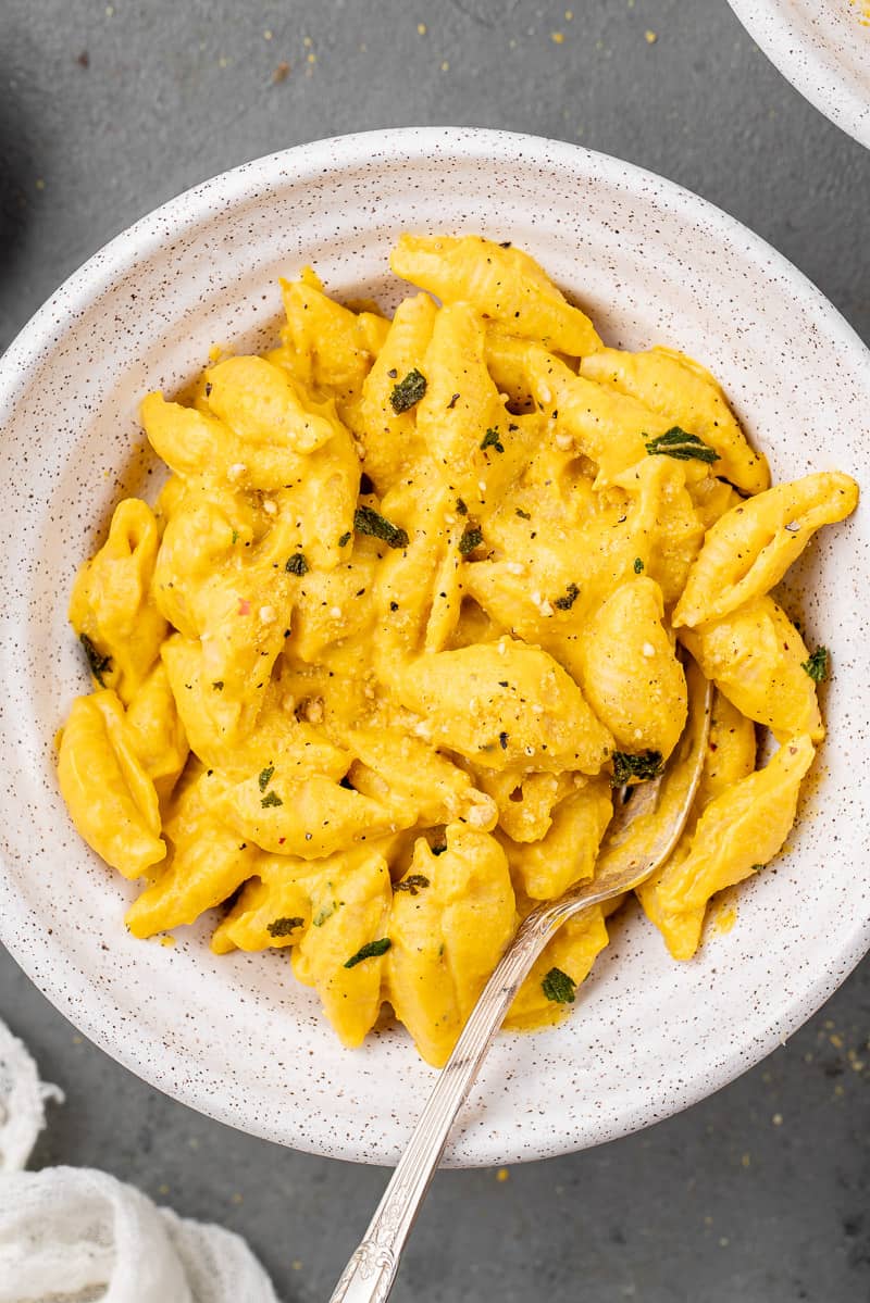 Close up shot of Vegan Pumpkin Pasta White Bowl