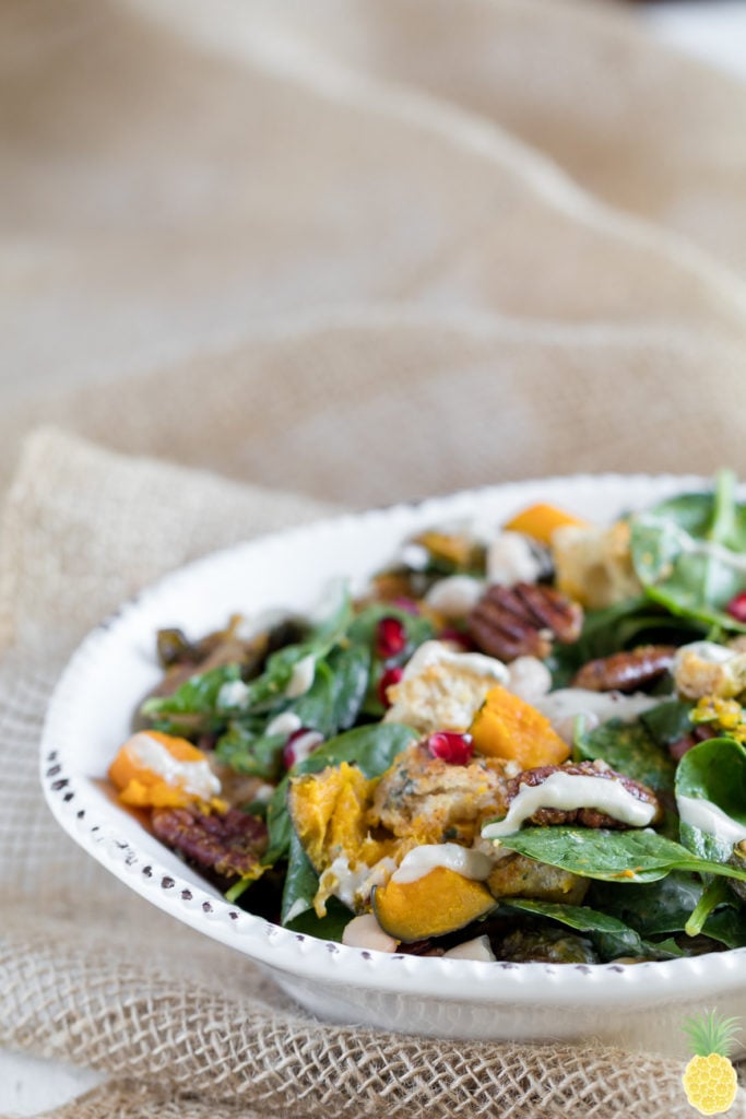 The best Hearty Fall Salad! Filled with maple glazed Brussels sprouts and a tahini sage dressing {oil-free}! sweetsimplevegan.com