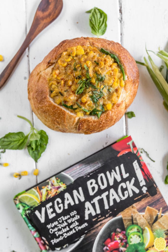 An easy vegan Smoky Corn Chowder Bread Bowl! {healthy & oil-free} sweetsimplevegan.com