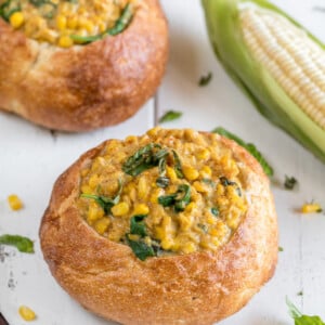 An easy vegan Smoky Corn Chowder Bread Bowl! {healthy & oil-free} sweetsimplevegan.com