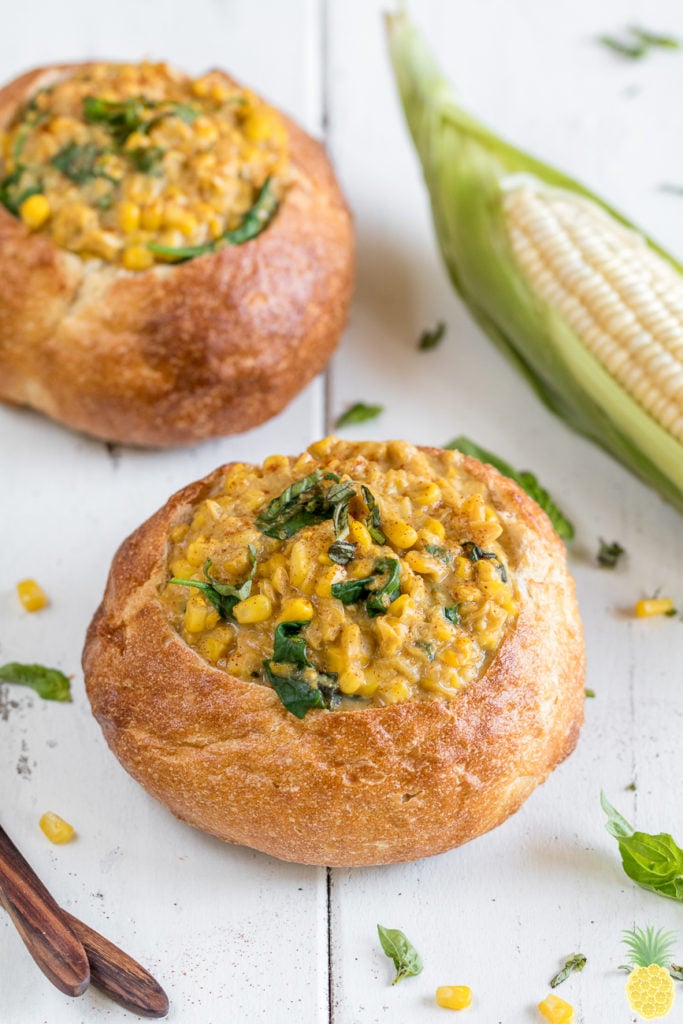 An easy vegan Smoky Corn Chowder Bread Bowl! {healthy & oil-free} sweetsimplevegan.com