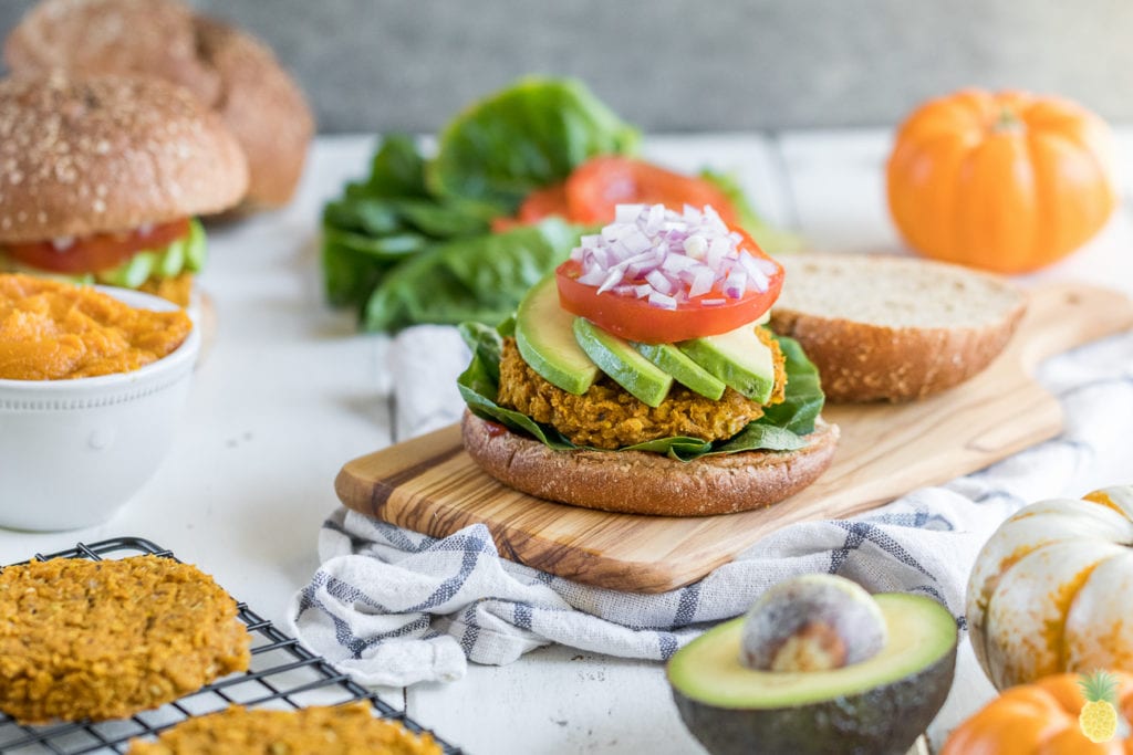 Healthy fall festive white bean & pumpkin veggie burgers! Vegan + gluten free!