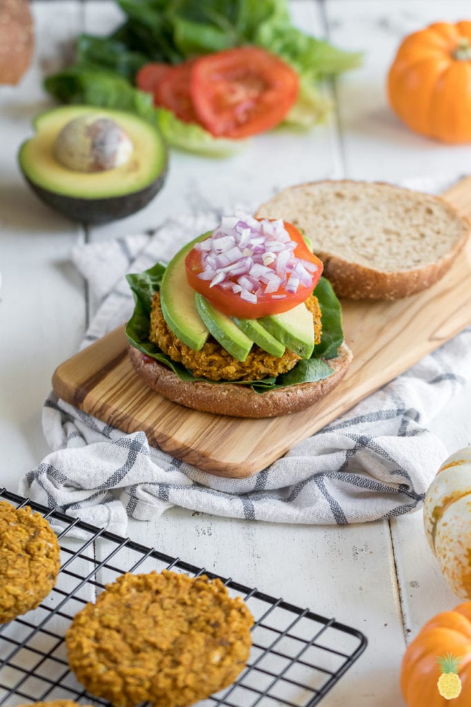 Healthy fall festive white bean & pumpkin burgers! Vegan + gluten free!