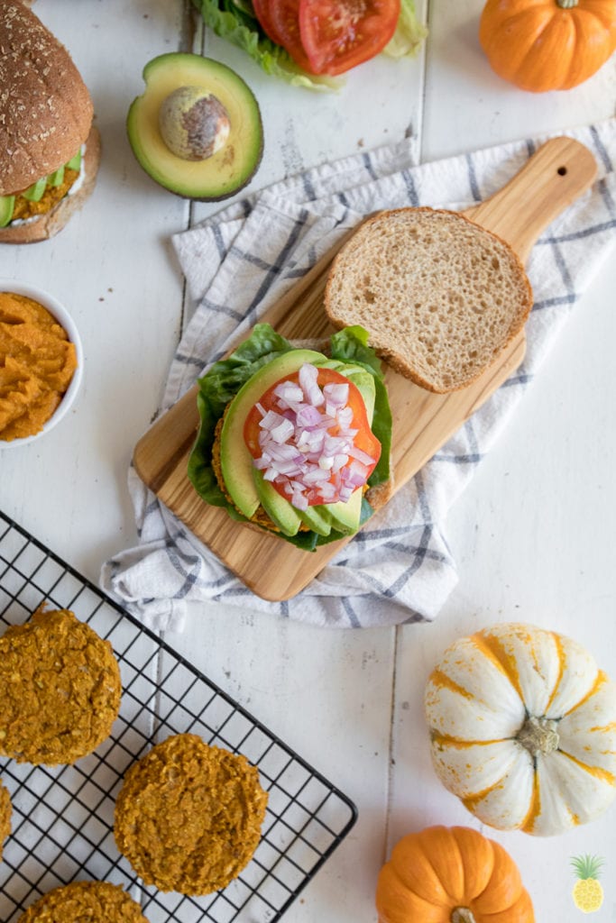 Healthy fall festive white bean & pumpkin veggie burgers! Vegan + gluten free!