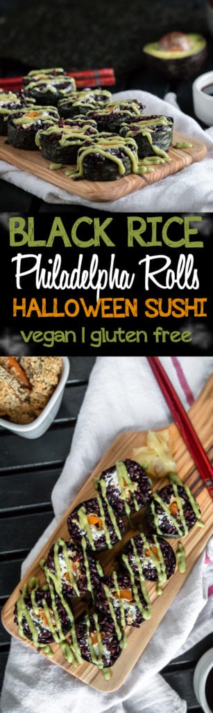 Vegan Halloween Sushi! Black Rice Philadelphia Rolls w/ Avocado Wasabi Sauce sweetsimplevegan.com