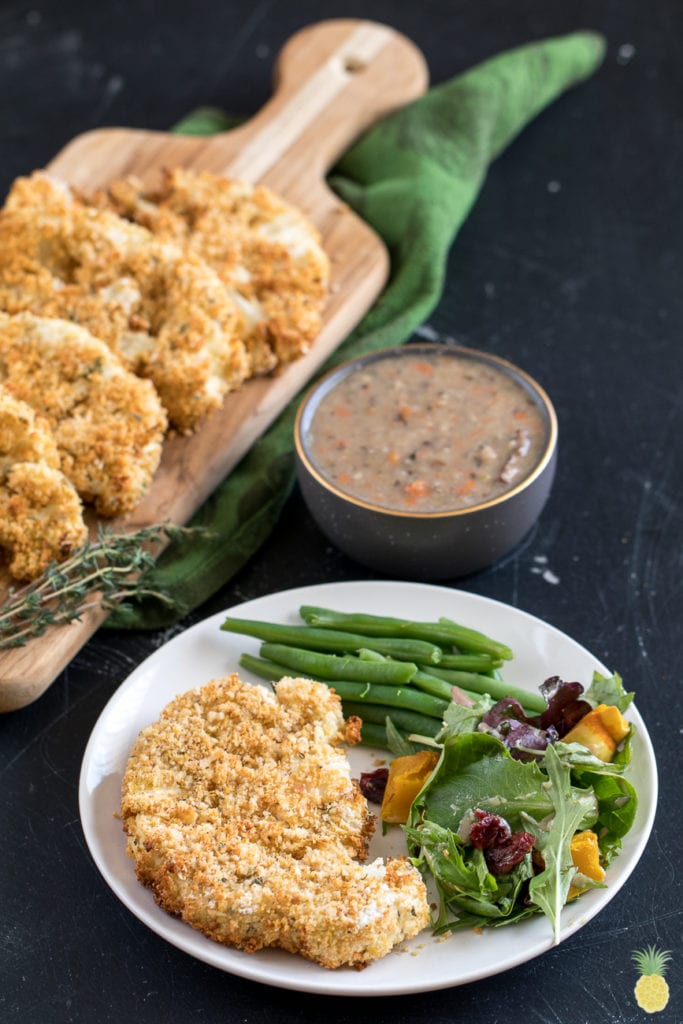 Our Vegan Thanksgiving Menu + Recipes 2017 -- Breaded Thanksgiving Cauliflower Steaks {oil-free} sweetsimplevegan.com