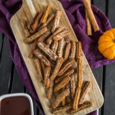 Mini Baked Pumpkin Churros w/ Maple Chocolate Sauce