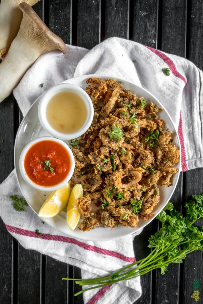 Christmas Recipe - Vegan Oyster Mushroom Calamari - MUST MAKE Holiday Appetizer https://sweetsimplevegan.com/2017/12/vegan-oyster-mushroom-calamari/