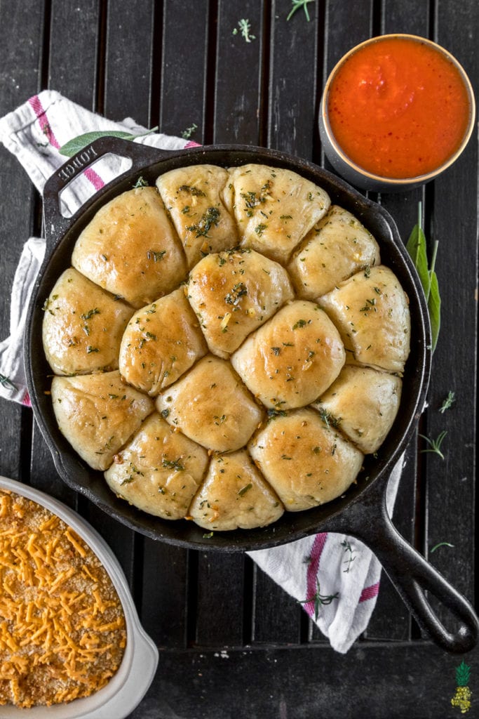 Herbed Skillet Pull Apart Bread w/ French Onion Dip https://sweetsimplevegan.com/2017/12/pull-apart-bread-french-onion-dip/