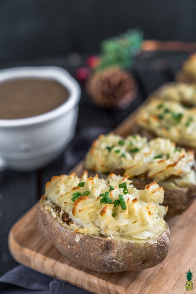 Christmas Recipe - Vegan Shepherd's Pie Potato Boats #holiday #easy #vegan #sweetsimplevegan #christmas #party #appetizer #entree #thanksgiving #shepherdspie