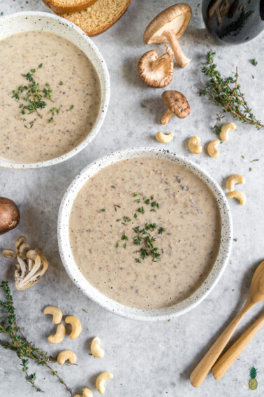 A Healthy Cream of Mushroom Soup - Easy & Vegan https://sweetsimplevegan.com/2018/01/healthy-cream-of-mushroom-soup/ #healthy #vegan #creamofmushroom #soup #oilfree #entree #soup #veganized #quick #glutenfree
