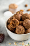 These are the perfect healthy snack! These chocolate protein bliss balls are easy-to-make, delicious AND vegan! #plantbased #protein #veganprotein #snackidea #easysnack #healthysnack #kids #chocolate #nuts #proteinpowder