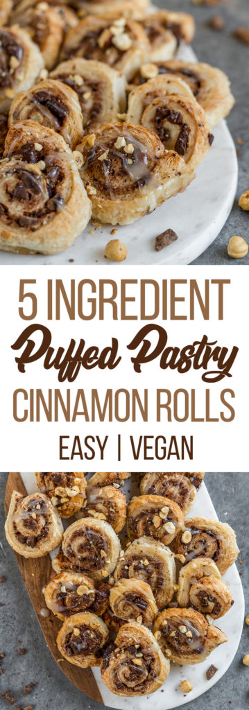 The easiest vegan Valentine's Day dessert! These vegan Puffed Pastry Cinnamon Rolls require just 5 ingredients and are SO easy to make! #easy #vegan #dessert #valentinesday #5ingredient #recipe #veganrecipe #cinnamonroll #puffpastry #bestdessert