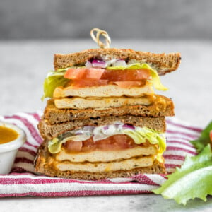 A delicious and easy to make buffalo tofu sandwich with homemade vegan ranch dressing - sweetsimplevegan.com #vegan #sandwich #buffalo #tofu #entree #veganized #veganlunch #ranchdressing