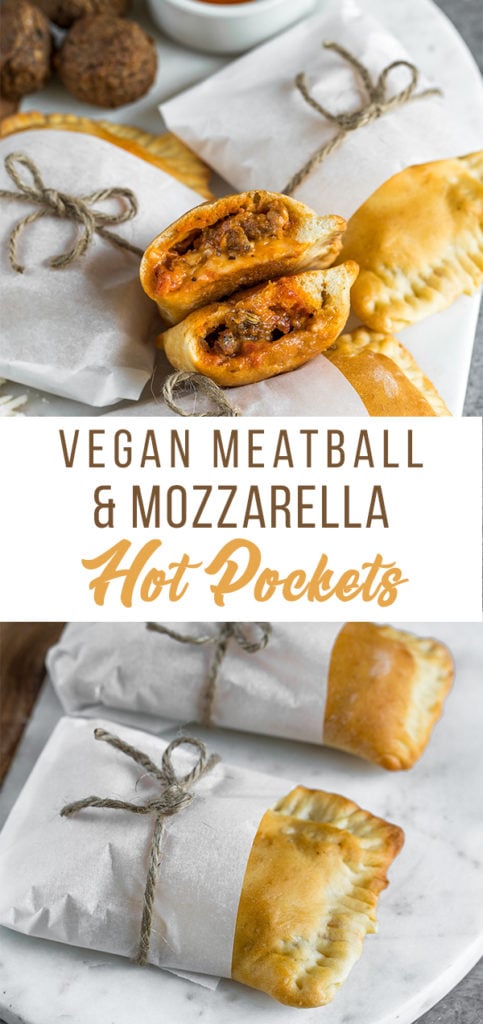 A veganized version of a popular frozen dish, minus all the weird stuff. You really only need FOUR ingredients for this recipe—store-bought dough, meatballs, mozzarella cheese and marinara sauce. These are perfect for school or work, kids will love them AND they will take you right back to your childhood. #vegan #hotpockets #homemade #healthier #easy #4ingredients #fooldproof #kids #vegankids #veganschool #veganlunchbox #workmeal #lunchbox #childhood