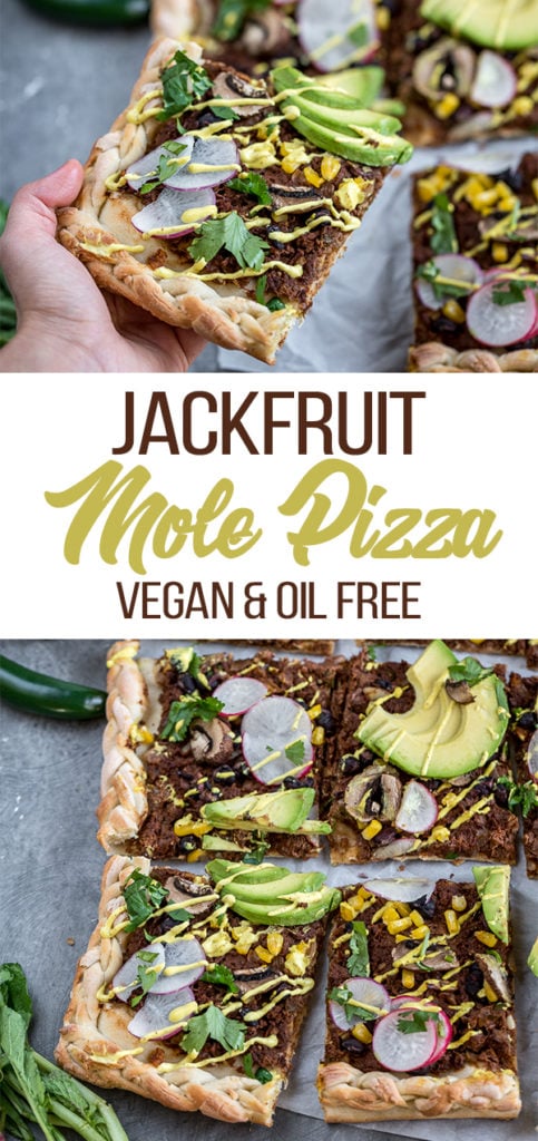 The perfect pizza topped with jackfruit smothered in mole sauce and topped with mushrooms corn, radish, avocado, and a cashew mustard cream sauce! #jackfruit #mole #vegan #pizza #entree #recipe #lunch #dinner #avocado #challenge #easy #mexican #unique #tacopizza