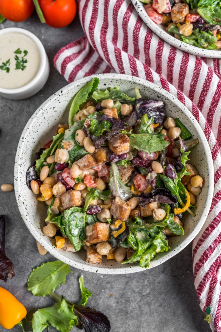 High Protein Bean & Tofu Salad with Garlic Tahini Dressing