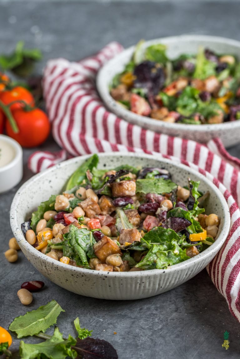 High Protein Bean & Tofu Salad with Garlic Tahini Dressing