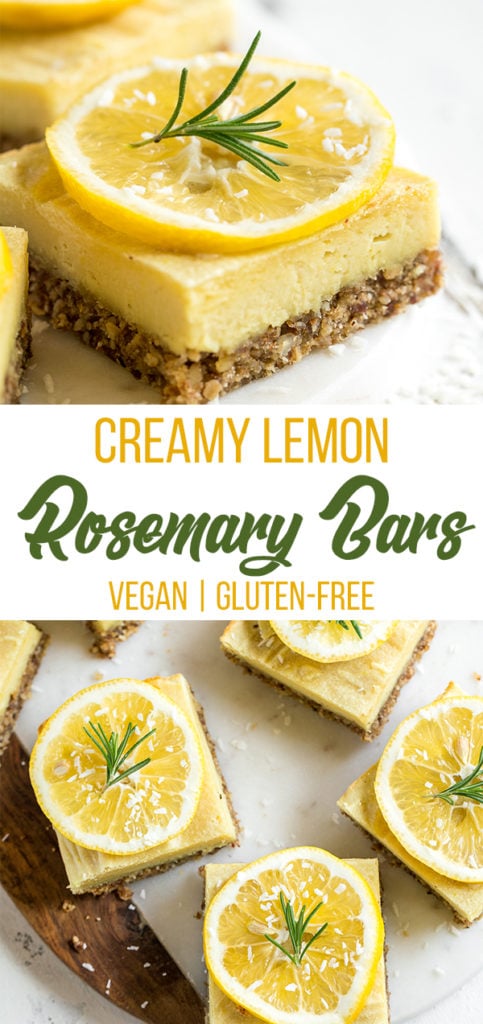 With the perfect balance of tart and sweet, these creamy lemon bars are a must try dessert. They are of course 100% vegan, and also 100% delicious. Plus, they are naturally-sweetened and gluten-free--say whaaaat! #vegan #dessert #lemon #rosemary #mindblowing #sweet #refinedsugarfree #naturallysweetened #medjooldates #coconutoil #unique #musttry #veganized #eggfree #dairyfree #snack #lemonbars