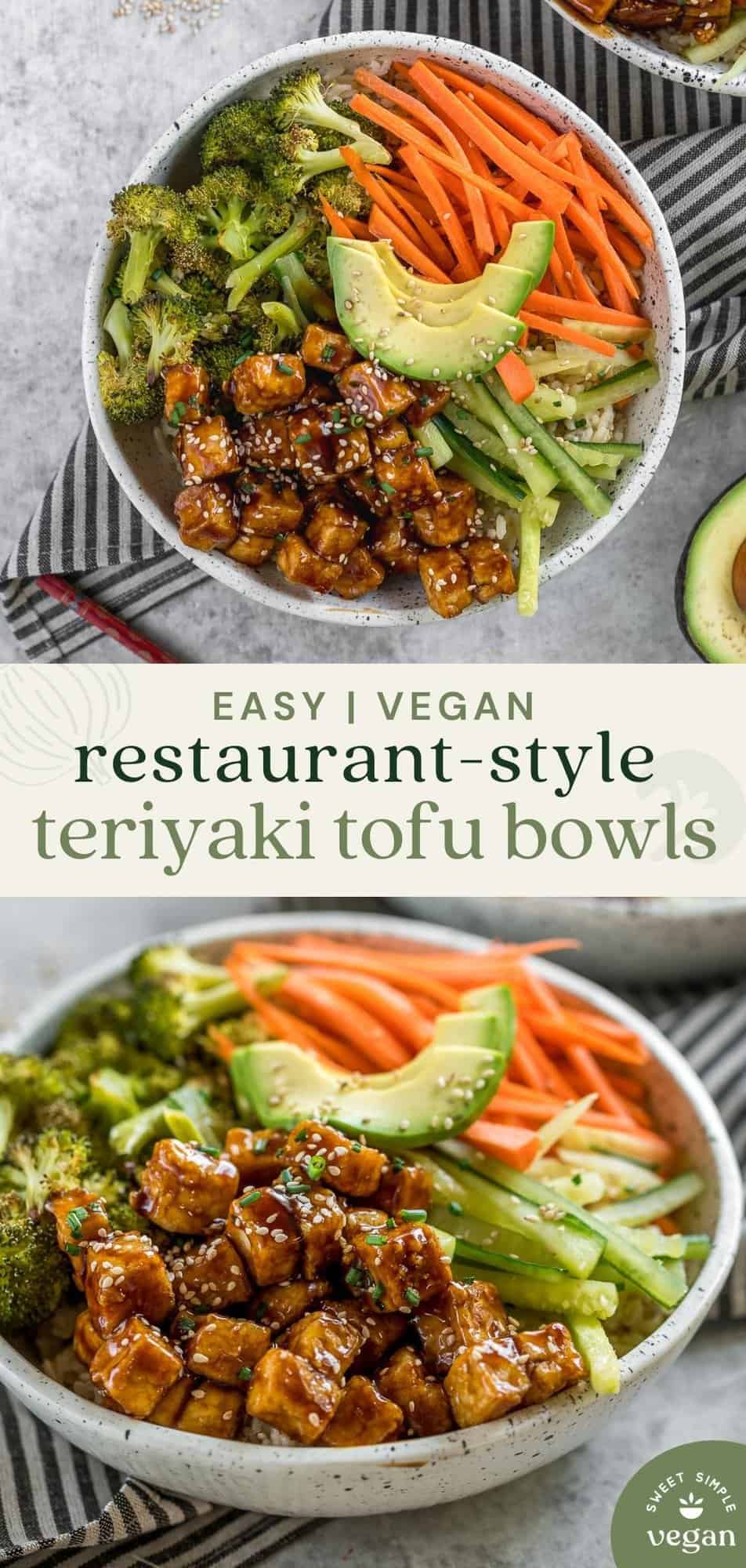 pinterest image of restaurant-style tofu teriyaki bowls