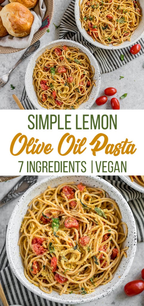 An easy and filling lemon olive oil pasta that requires just 7 simple ingredients and less than half an hour to make. This recipe is perfect for lunch or dinner when you're in a pinch! #lemon #oliveoil #pasta #7ingredients #weeknight #mealprep #easy #simple #quick #glutenfree #vegan #musttry