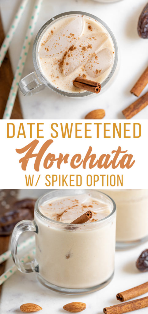 An easy homemade horchata recipe that requires just 6-ingredients and is SO easy to make. Not only is it delicious, but it is also free of refined sugar and sweetened with dates! #datesweetened #refinedsugarfree #sugarfree #horchata #cinnamon #medjool #vegan #cincodemayo #beverages #spiked #dessert