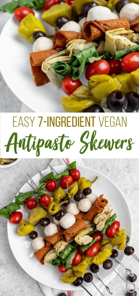 A no-cook recipe that is perfect for a last minute party appetizer, for summer picnics or even for a quick snack at home. These antipasto skewers are plain and simple, and ready in less than 10 minutes! #vegan #antipasto #skewers #partyrecipe #easy #nocook #lastminute #appetizer #starter #italian #fourthofjuly #sweetsimplevegan #partyrecipe #veganized