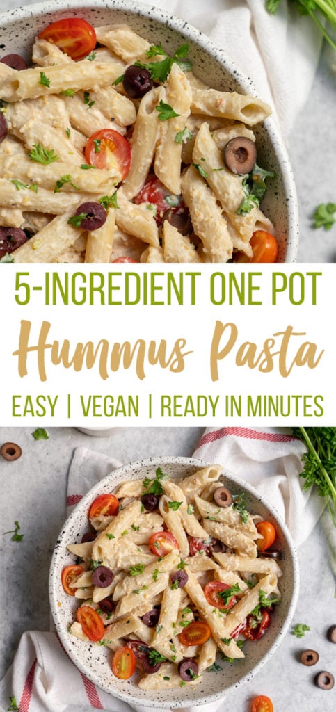 The perfect lazy meal that is ready in about 15-minutes! This hummus pasta requires just one pot and 5 simple ingredients. #vegan #hummuspasta #easymeal #lazymeal #onepot #5ingredient #lazydinner #quickdinner #kidfriendly #sweetsimplevegan