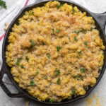 overhead image of vegan mac and cheese in cast iron skillet