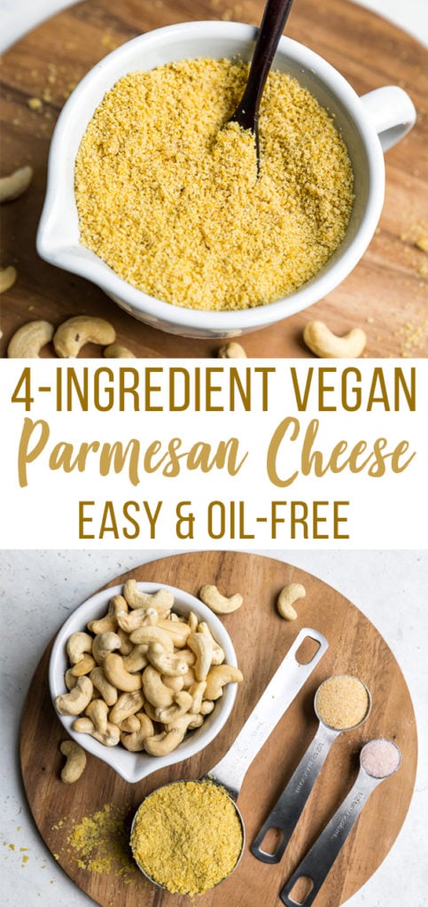 Learn how to make your own vegan parmesan cheese at home. It requires just 3 ingredients and only about 5 minutes of your time! Trust us, this recipe is a MUST TRY! #vegan #cheese #3ingredient #5minute #staple #vegancheese #kids #musttry #side #snack #entree #italian #parmesan #sweetsimplevegan
