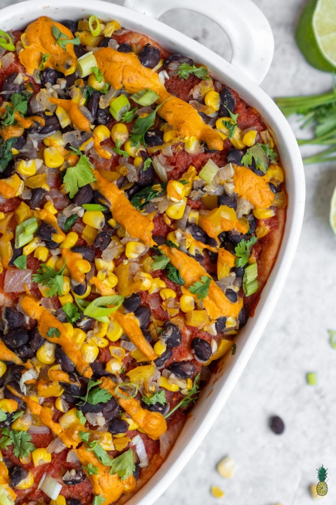 macro image of vegan enchilada casserole. 