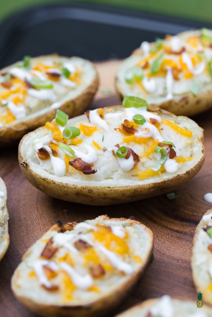 These twice baked loaded baked potatoes are the perfect party appetizer for grilling!