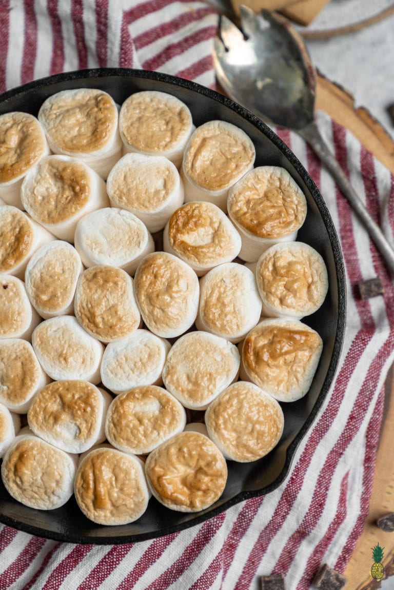 overhead image of s'mores dip in a skillet