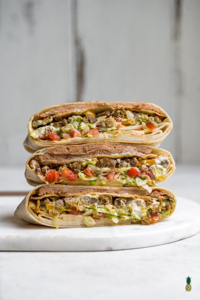 A homemade version of the Taco Bell signature crunch wrap made vegan.